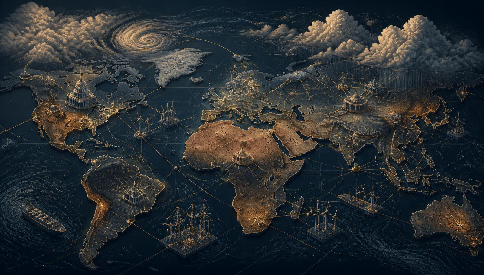 Editorial illustration showing climate pressures across interconnected regions, with ministries, embassies, infrastructure, finance, trade and climate data linked through international diplomatic coordination.