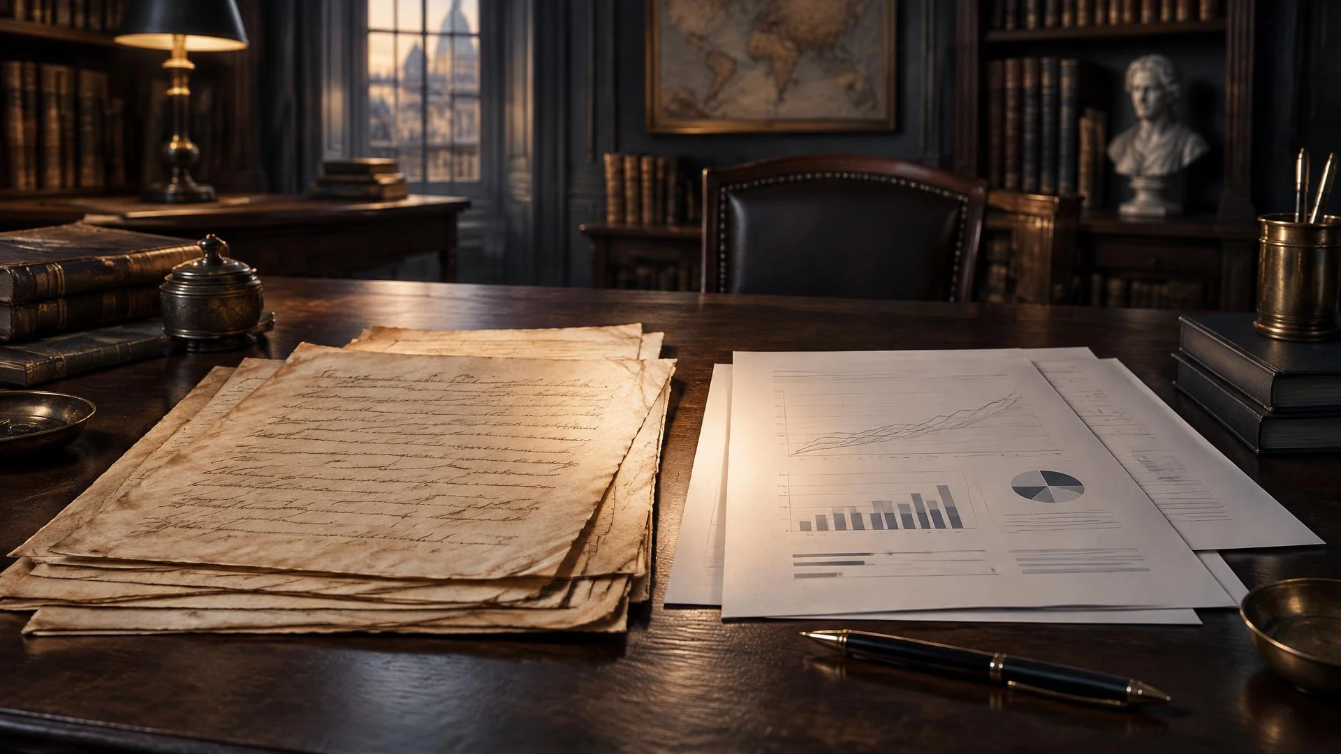Conceptual illustration connecting historical diplomatic correspondence with contemporary analytical documents, representing the evolution of diplomatic knowledge and institutional judgment.