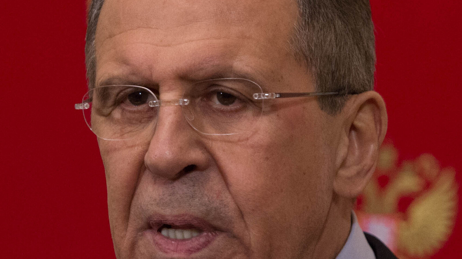 Russian Foreign Minister Sergey Lavrov speaking at a joint press conference in Moscow.