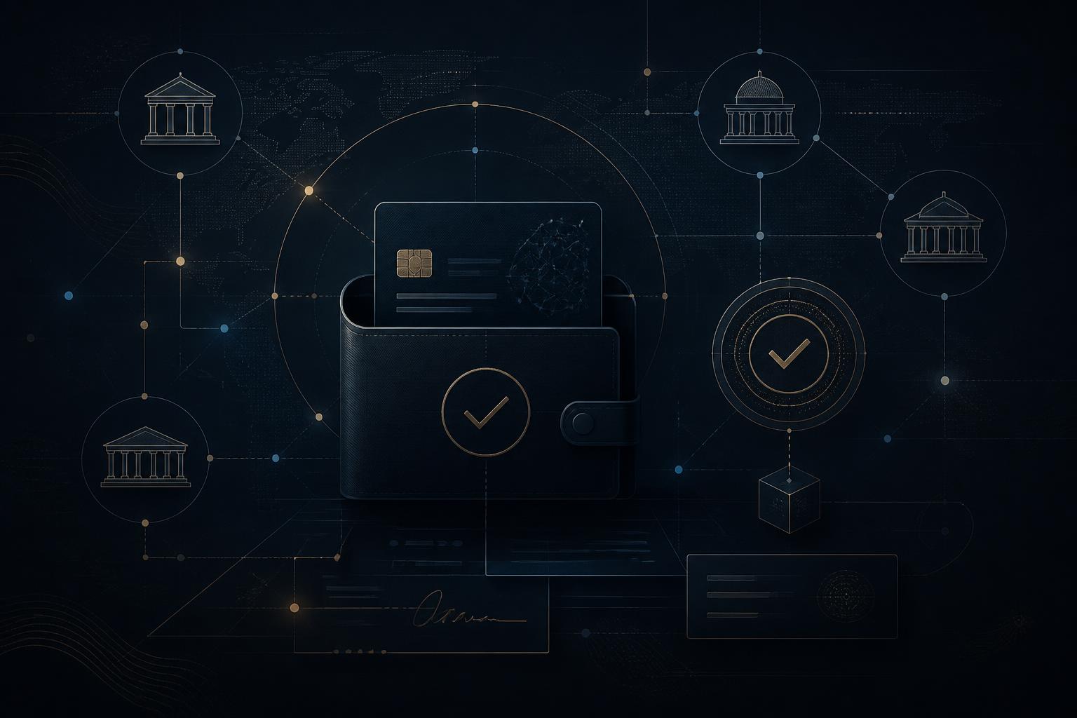 Abstract visualization of digital identity, verified credentials, and trust infrastructure for diplomatic and consular services.