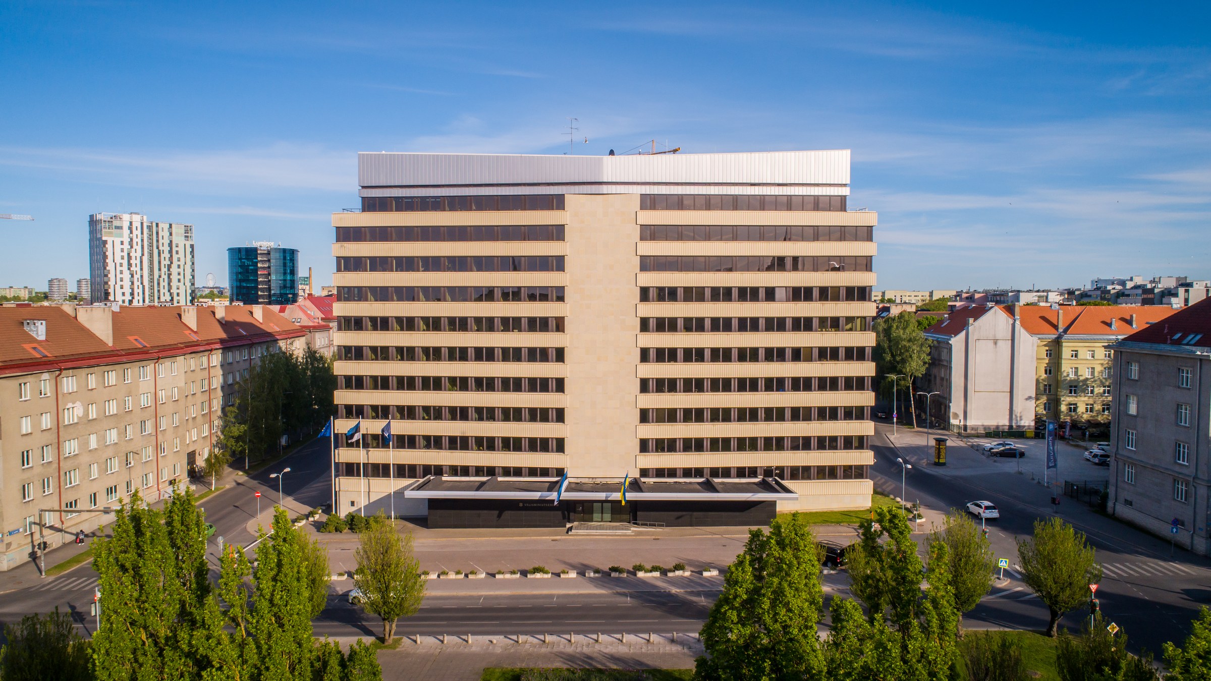 Aerial exterior view of the Estonian Ministry of Foreign Affairs building in Tallinn.