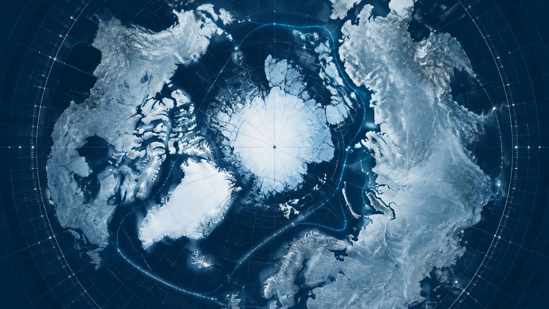 Polar projection of the Arctic with a highlighted Northern Sea Route corridor and subtle digital governance layer.